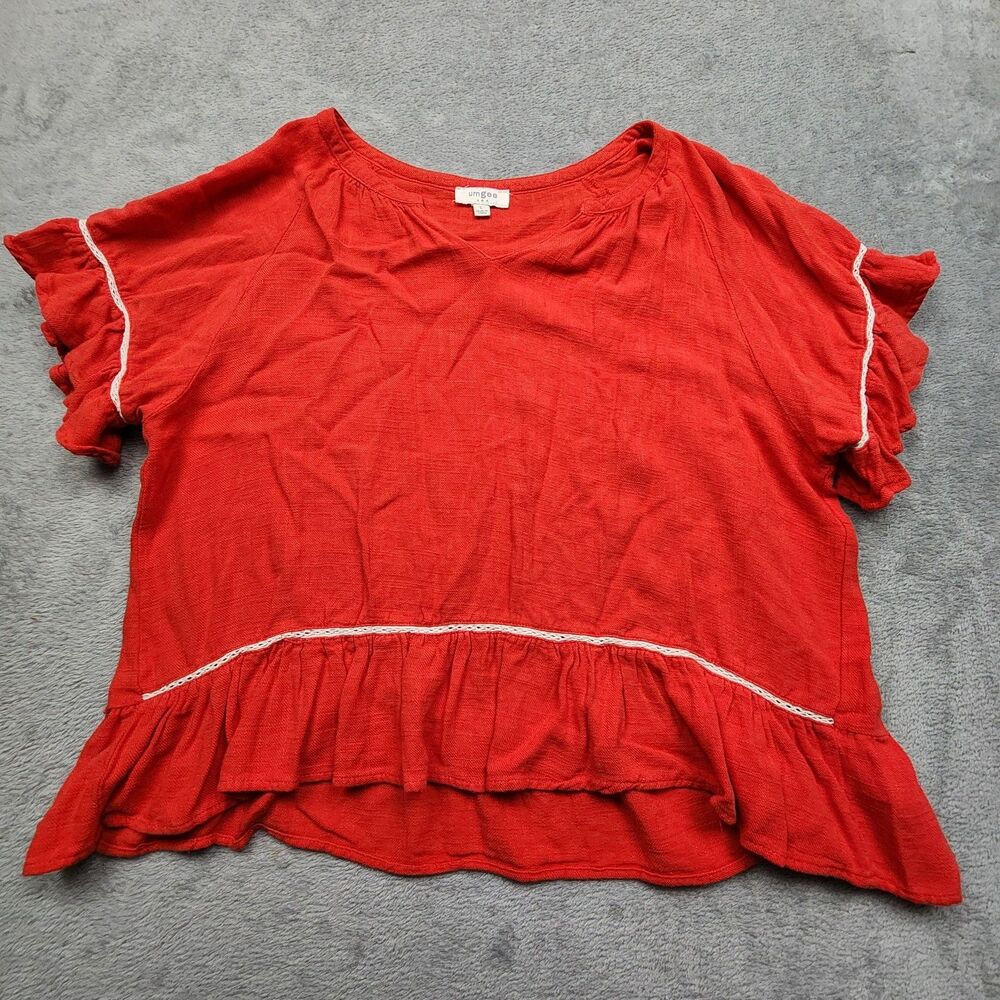 Umgee Womens L Red Linen Blend Top Short Sleeve Ruffle Hem Lightweight Casual